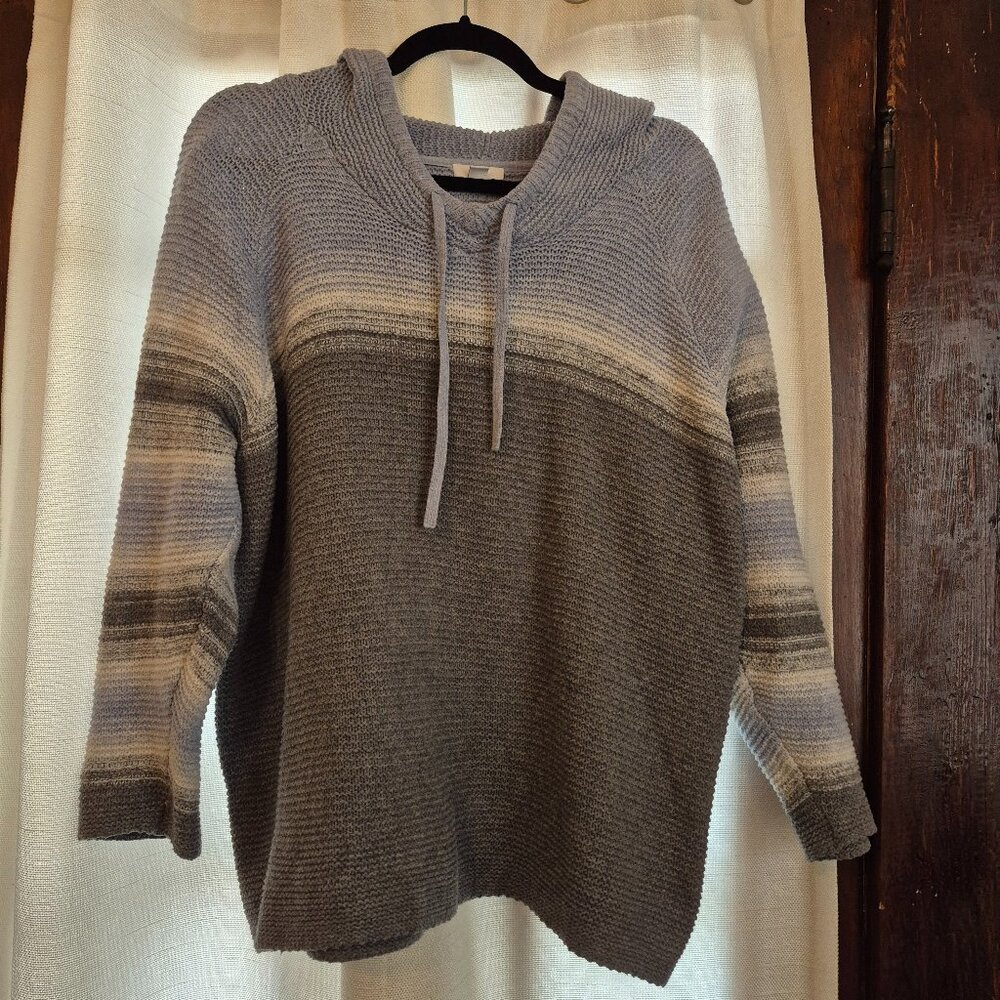 J.Jill Knit Hoodie Sweater Blue Gray Colorblock Striped Pullover Womens PXL